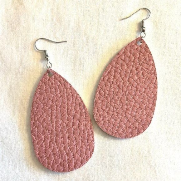 Teardrop Faux Leather Earrings Drop 3" in Rose or Pink Lightweight Textured New - Picture 9 of 11